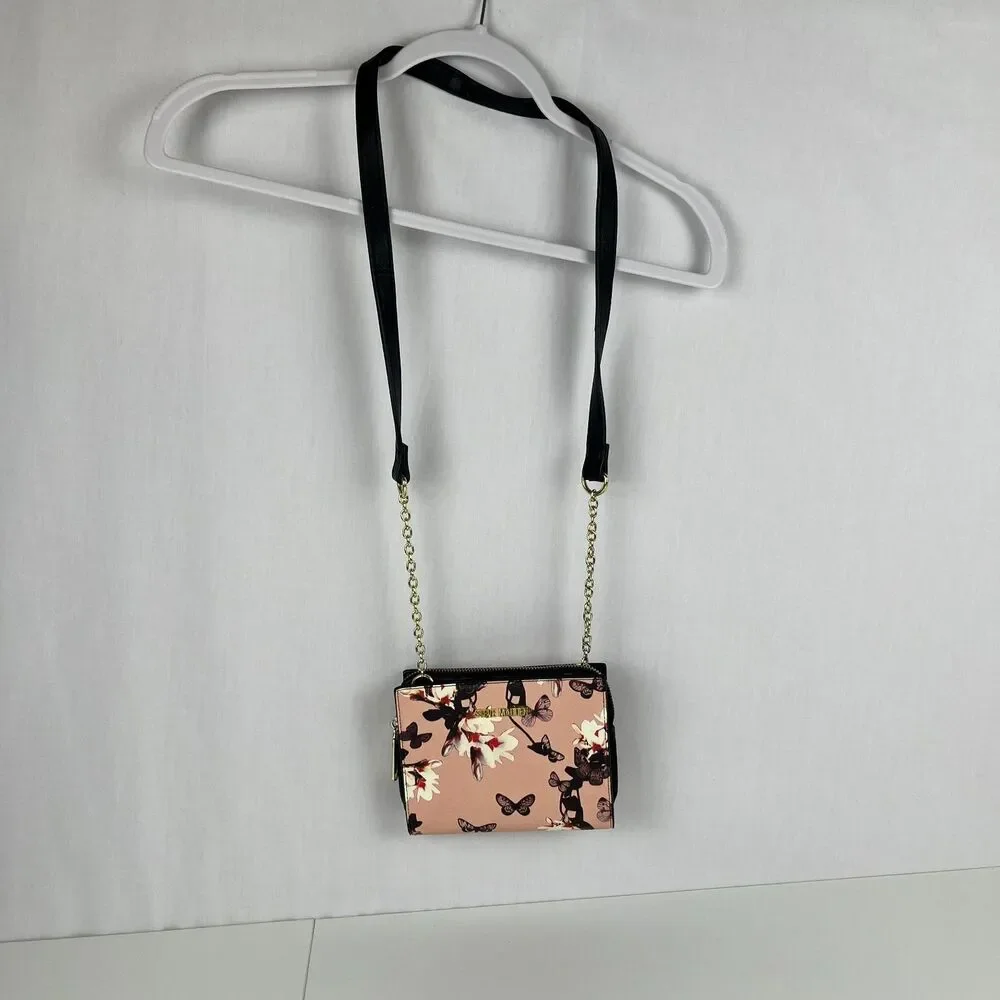 Steve Madden Small Crossbody Purse Logo Pink & Black Floral Butterfly Casual
